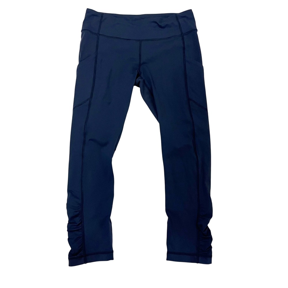Lululemon Speed Up Crop Navy Blue Running Leggings Pockets Ruched Hem Size 8